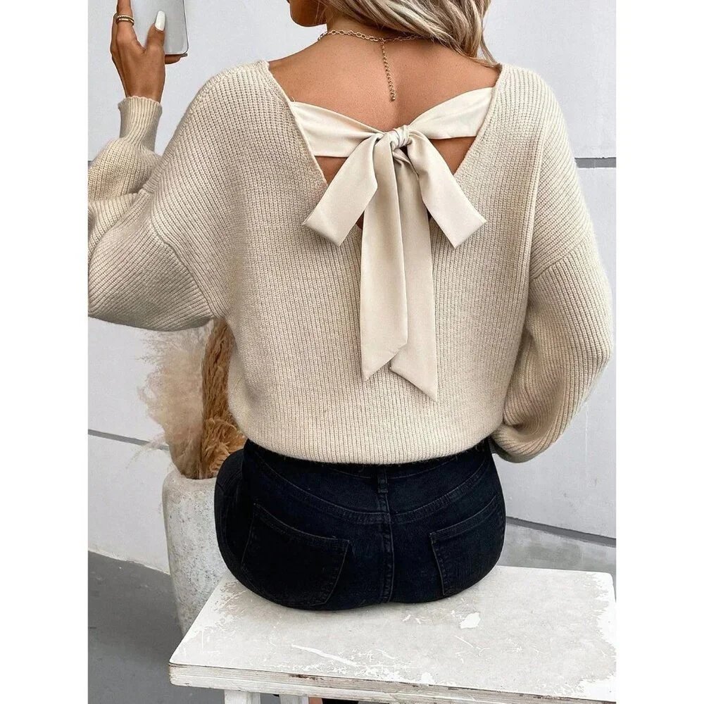 V Neck Sweater Women Off Shoulder Fitted Long Sleeve Knit Top Large